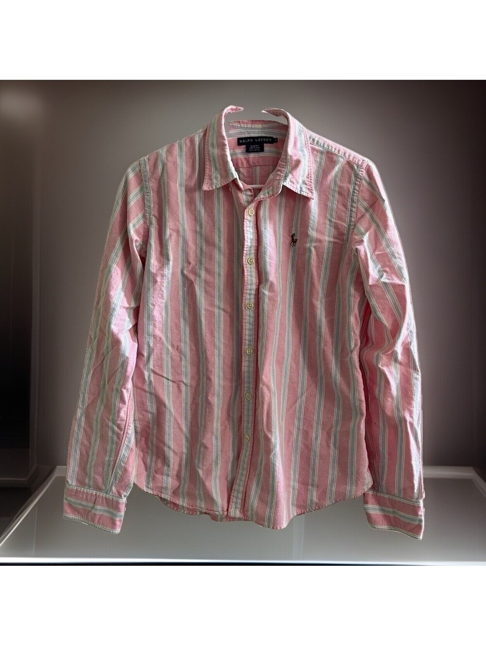 Ralph Lauren Womens 12 Slim Fit Pink Striped Oxford Shirt Pony Button Down